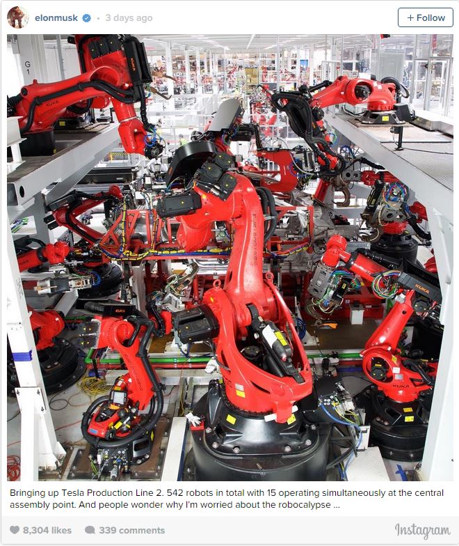 Nadmierna automatyzacja w fabryce Tesla Motors - Elon Musk - wypowiedź z Instagrama